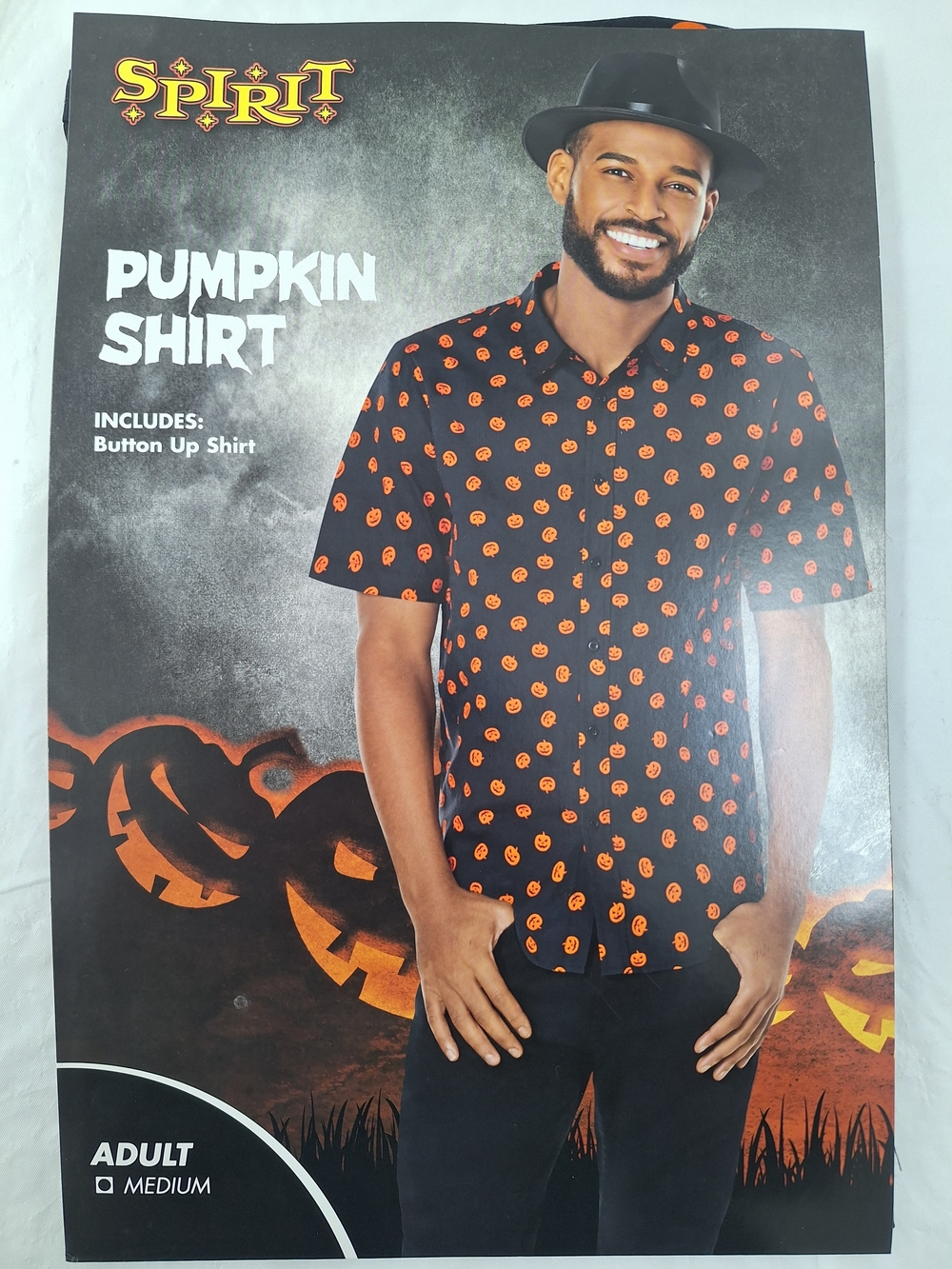 Spirit Pumpkin Print Button-Up Shirt - Black & Orange